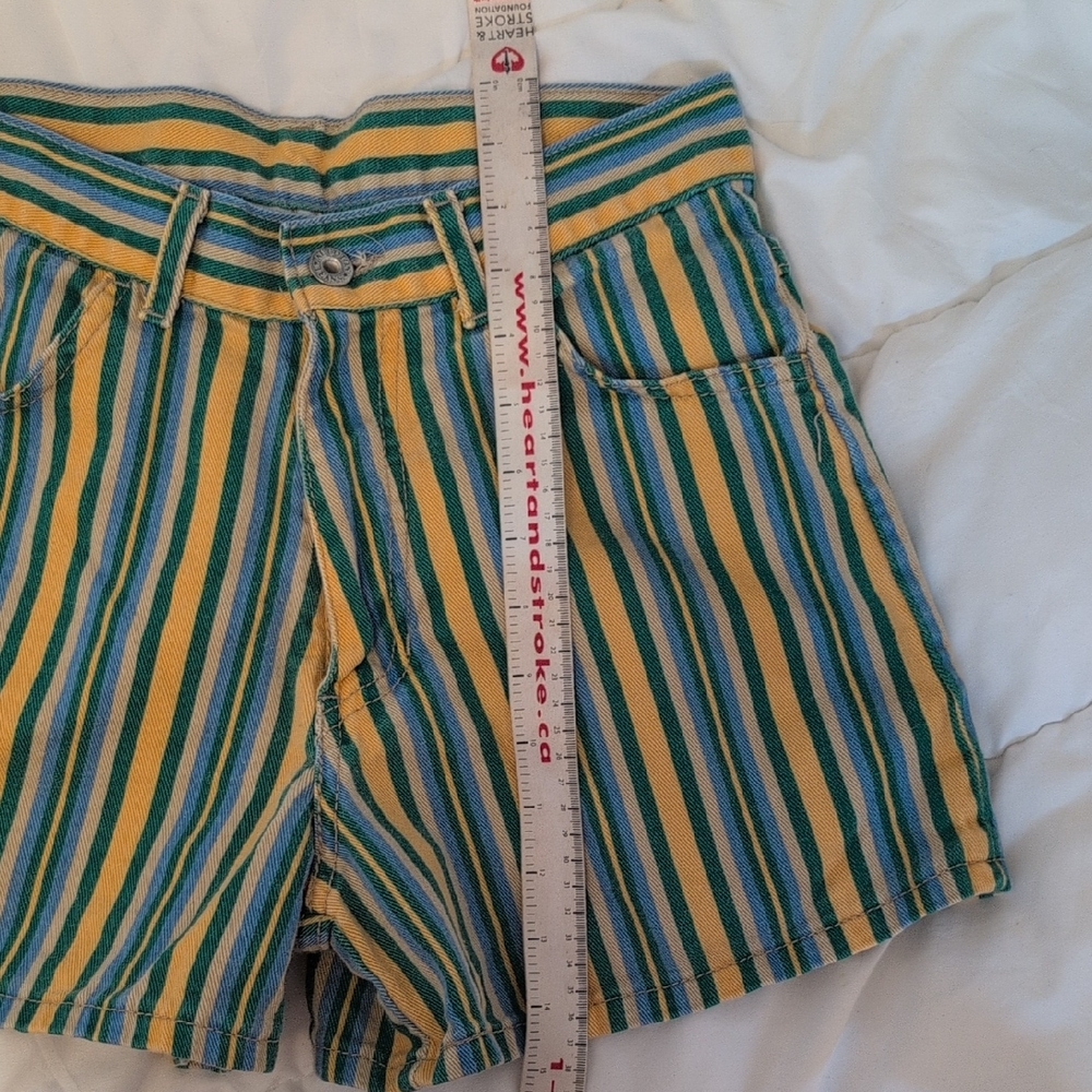 Original Au Coton Vintage Striped Green, Blue, Yellow High Waisted Denim Shorts - Picture 4 of 5